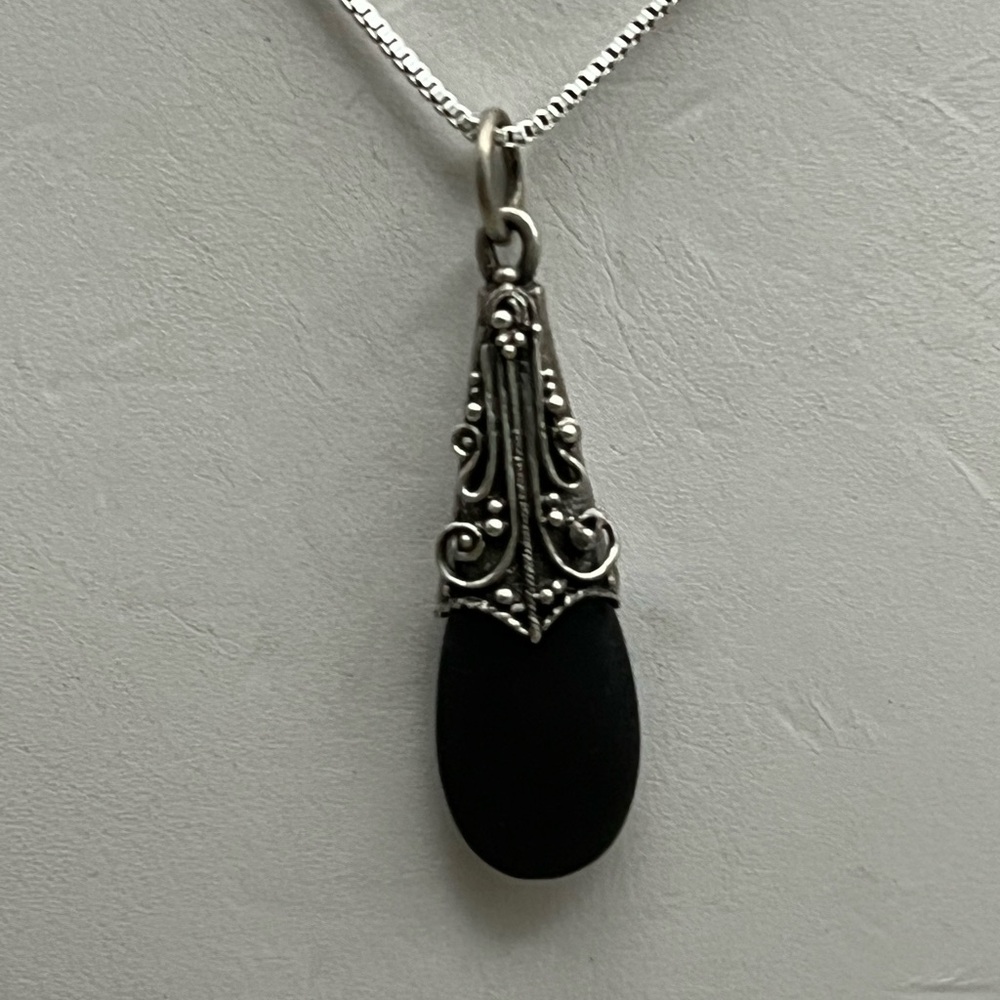Victorian-Inspired Matte Black and Sterling Silver Filigree Necklace -Boho Chic